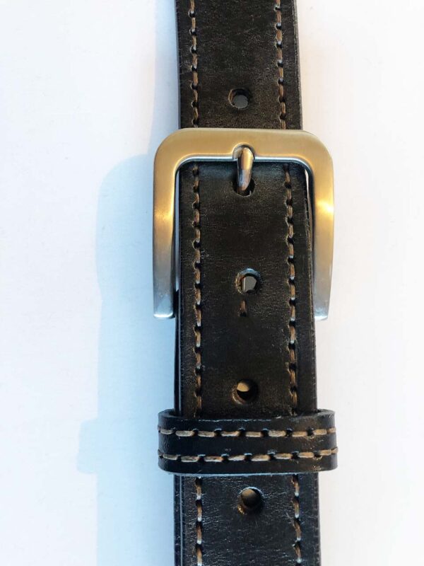 Black belt with brass buckle, leather keeper and hand-stitching