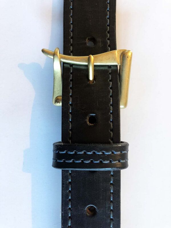 Black leather belt asymmetric brass buckle design