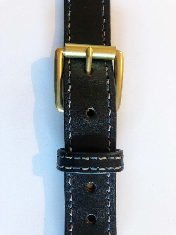 Black belt, brass buckle, blue and white hand-stitching