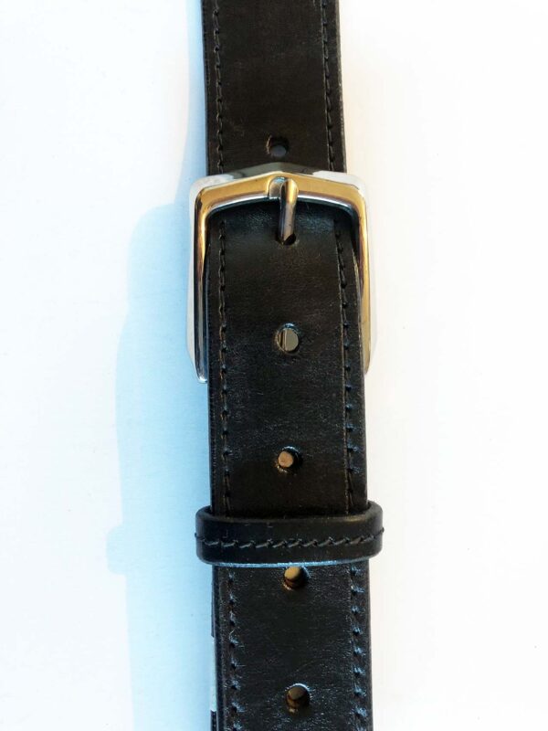 Black leather belt, machine stitched, brass buckle