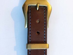 Brown leather belt, hand stitching, brass buckle and keeper