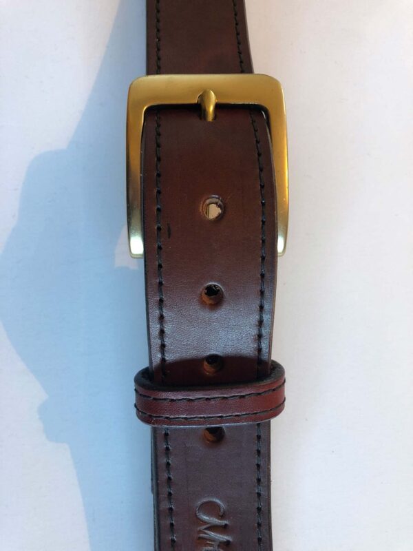 Brown leather belt, brass buckle, leather keeper